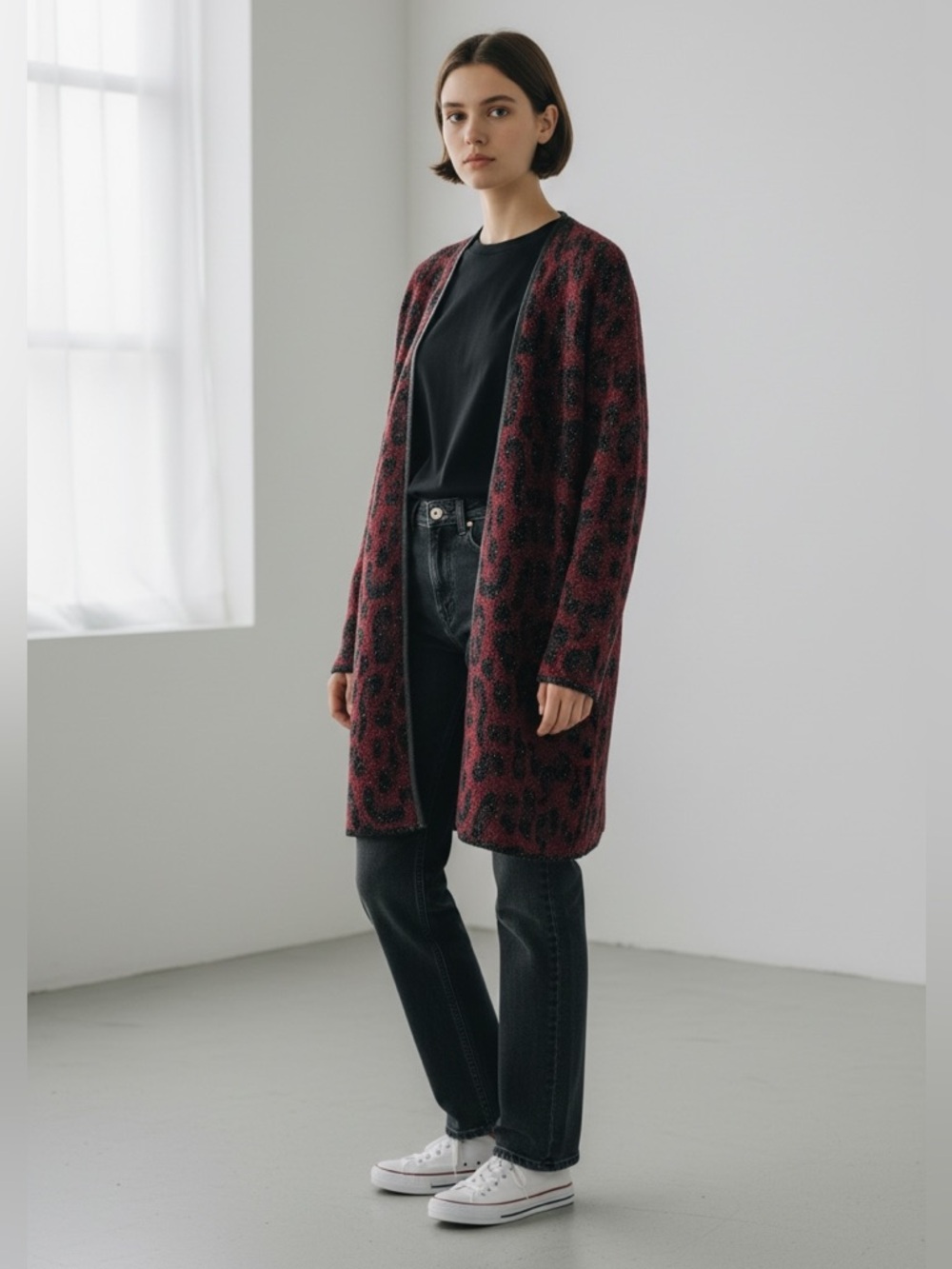 ANNE Klein burgundy & black leopard print long cardigan with gold thread